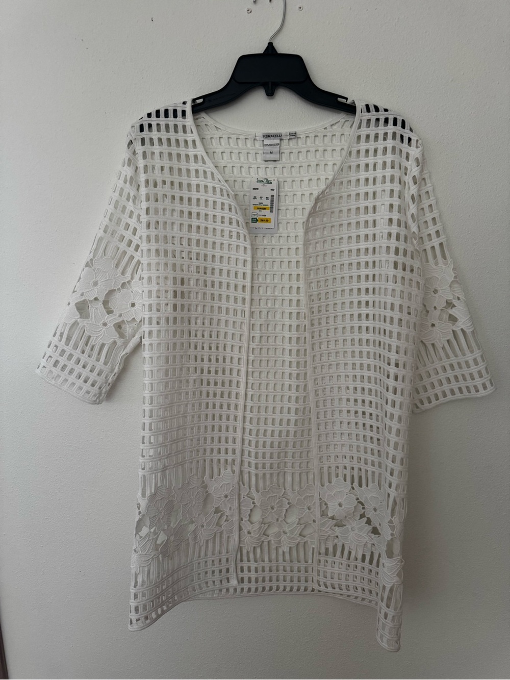 White Crochet Open-Front Coverup with Floral Trim